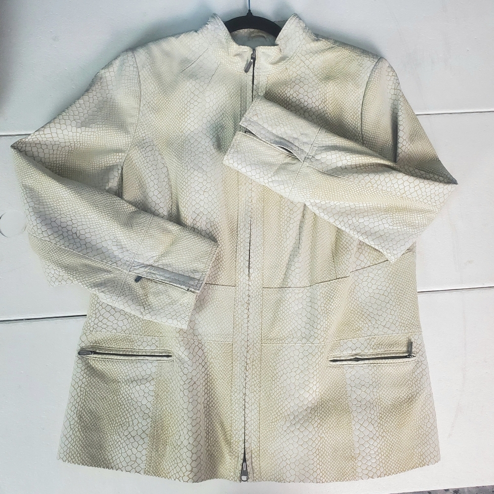 Alfani Snakeskin Leather White Jacket Embossed Pocket Moto Monochrome Biker